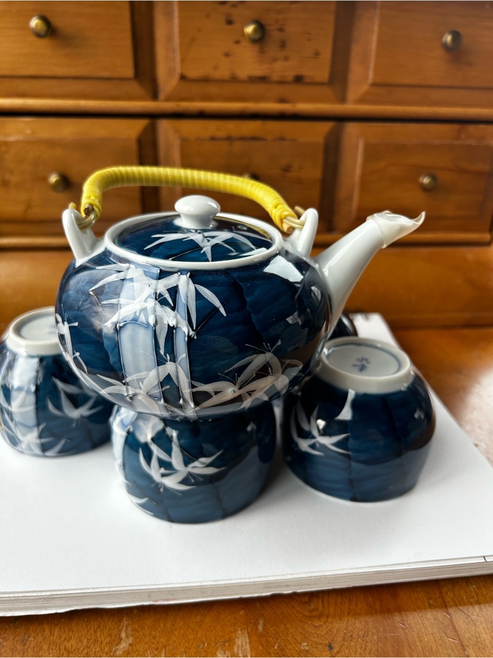 💙💙 Japanese NEW Blue Bamboo Ceramic Teapot Set with Yellow Handle